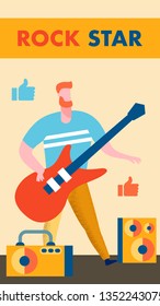 Rock Star Concert Flyer, Brochure Vector Template. Guy Playing Electric Guitar Cartoon Character. Famous Guitarist, Popular Musician Stage Performance. Musical Show Illustration with Lettering