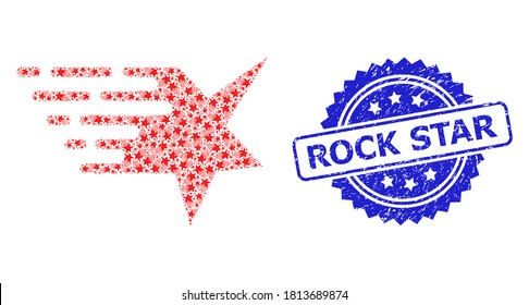 Rock Star corroded seal and vector fractal mosaic star. Blue stamp seal contains Rock Star title inside rosette. Vector mosaic is composed from recursive rotated star items.