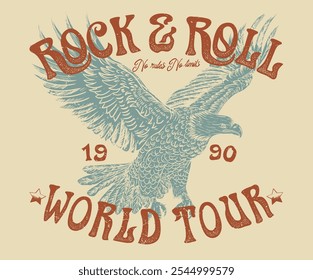 Rock star design. Eagle fly vector artwork for t shirt and others. Rock and roll graphic print design for apparel, stickers, posters and background.