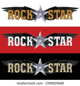 Rock Star Design Template with Silver Star and Black Wings. Design Idea for Rock Star Show Concert Banner Background. Vintage Retro Style on White, Red and Black Background