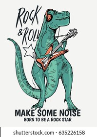 Rock star dinosaur illustration with slogan graphic for kid t shirt and other uses