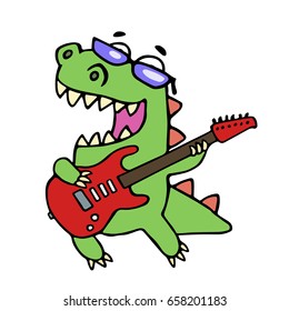 Rock star dinosaur playing the electric guitar . Vector illustration. Glasses on a separate layer.
