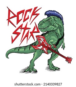 rock star dinosaur .trex with guitar .graphic design for young styles. 
