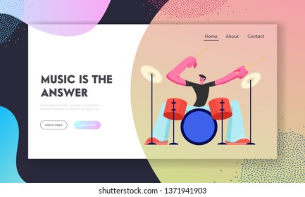 Rock Star Drummer Playing Hard Music with Sticks on Drums. Musician Character Performing on Stage with Percussion Instrument. Website Landing Page, Web Page. Cartoon Flat Vector Illustration, Banner