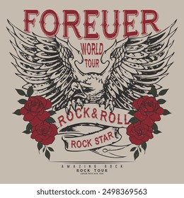 Estrella de Rock. Águila y flor rebelde rock tour diseño de impresión gráfica. Haga un poco de diseño de arte de rock and roll. diseño de camiseta de Vector para niños y niñas. ilustraciones de póster para ropa, póster, fondo