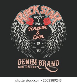 Estrella de Rock. Águila y flor rebelde rock tour diseño de impresión gráfica. Haga un poco de diseño de arte de rock and roll. diseño de camiseta de Vector para niños y niñas. ilustraciones de póster para ropa, póster, fondo