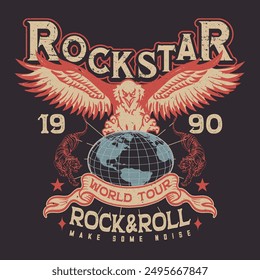 Estrella de Rock. Eagle rebel rock tour diseño de impresión gráfica. Haga un poco de diseño de arte de rock and roll. diseño de camiseta de Vector para niños y niñas. obras de arte de póster para ropa, póster, fondo y otros.