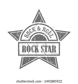 Rock star emblem with grunge texture. Black and white star with text