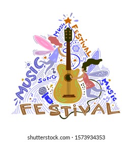 Rock star flat hand-drawn vector symbols. Little flying fairy musicians playing guitar. Female fairies play a musical instrument . Music festival poster design element
