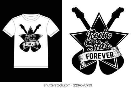 Rock Star forever hand drawn lettering with guitar ribbon. Rock festival poster T-shirt Design template, Car Window Sticker, POD, cover, Isolated White Background Vector illustration
