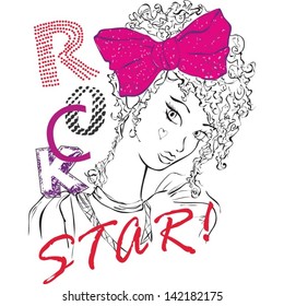 Rock Star Girl has Curly Hair and a Pink Bow