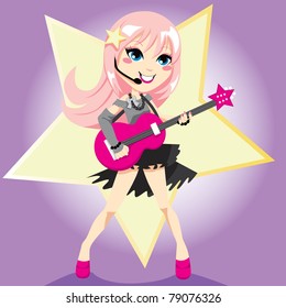 Rock star girl with pink hair playing electric guitar and singing