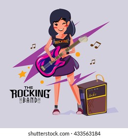 Rock Star Girl Playing Her Guitar. Character Design - Vector Illustration