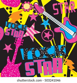 Rock Star girlish pattern with guitar, stars, rock elements. Creative seamless background for girls. Wallpaper for fashionable women. Bright colors for fashion girls for textiles