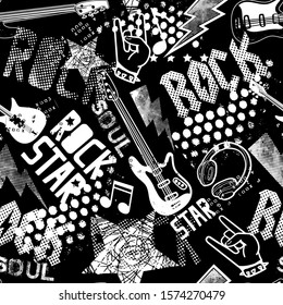 
Rock star. grunge rock music pattern with guitar. Cool background for textiles, wrapping paper, prints and more.