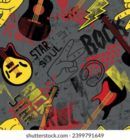 Rock star. grunge rock music pattern with guitar. Cool background for textiles, wrapping paper, prints and more.