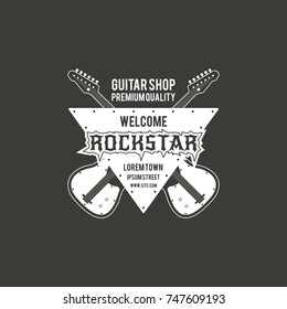 Rock star guitar shop vector label, badge, emblem logo with musical instrument. Stock vector illustration isolated on dark background.