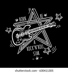 Rock star - hand-drawn black and white musical emblem 