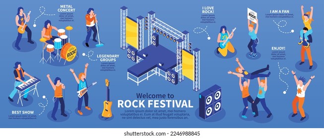 Juego de infografía estrella de rock con símbolos de concierto de metal ilustración vectorial isométrica