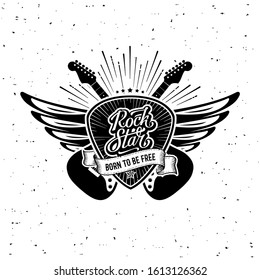 Rock star lettering with guitar, wings, plectrum and ribbon born to be free . Slogan graphic for t shirt or tattoo. Vector illustration