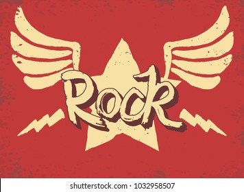 Rock Star lettering print with wings, hand drawn poster or t-shirt, hipster retro badge. Vector