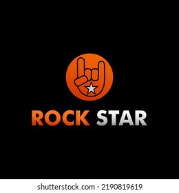 Rock Star Logo Design Template, Metal Hand Sign Concept, Black, Orange, White, Ellipse, Rounded Shape