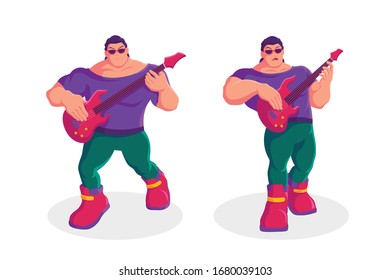 Rock star man playing guitar heavy metal rock and roll collection in different actions