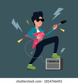 Ilustración del hombre estrella de rock Vector. Estrella de rock tocando guitarra, guitarrista, heavy metal, persona de banda, personaje de caricatura.