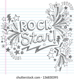 Rock Star Music Back To School Sketchy Notebook Doodles With Music Notes And Swirls- Hand-Drawn Illustration Design Elements On Lined Sketchbook Paper Background