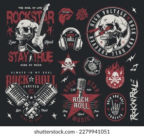 Rock star music colorful set labels with microphones and guitars near skulls for rocknroll concert promo banner design vector illustration