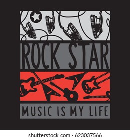 Rock star music guitar typography, tee shirt graphics, vectors