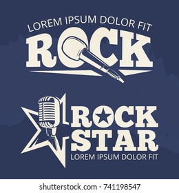 Rock star music labels on grunge backdrop. Retro emblem, vector illustration