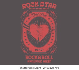 Rock star music poster design. Rock and roll vintage print design. Guitar vector artwork for apparel, stickers, posters, background and others. Rock world tour artwork.  Heart, love you more. 