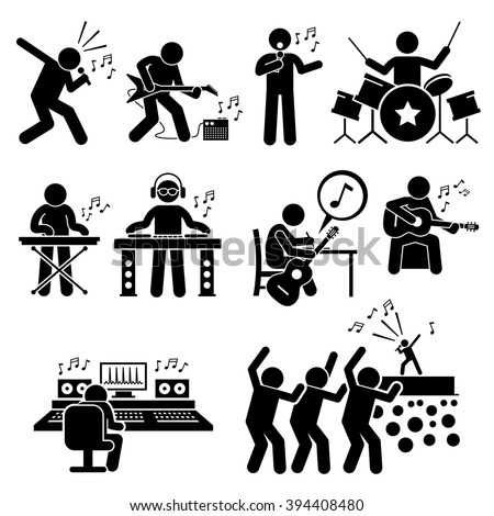 Rock Star Musician Music Artist with Musical Instruments Stick Figure Pictogram Icons