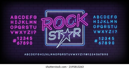 Rock Star Neon Light sign with type font - editable vector template. Neon tube letters design for Rock music, Light sign. Neon font. Rock Party in retro 80s - 90s style lettering design