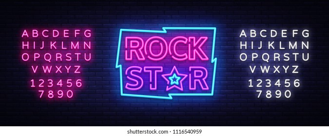 Rock Star Neon Sign Vector Illustration. Design template neon signboard on Rock Music, Light banner, Bright Night Advertising. Vector. Editing text neon sign