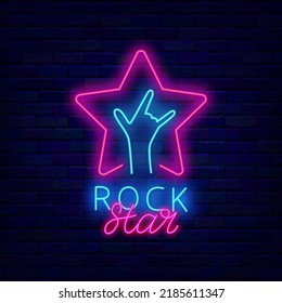 Señalización de neón estrella de rock. Forma de estrella y mano del hombre. Espectáculo de talento. Música de rock metálico. Señal de luz. Etiqueta para mostrar. Banner de efecto luminoso exterior. Trazo editable. Ilustración de material vectorial