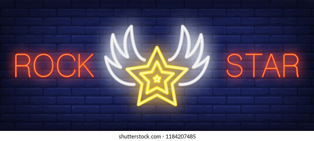 Rock star neon text with wings. Rock music and advertisement design. Night bright neon sign, colorful billboard, light banner. Vector illustration in neon style.