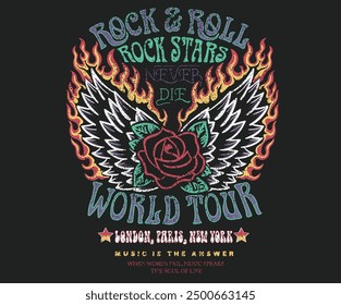 Rock star never die. Eagle wing with fire. Rock and roll graphic print design for apparel, stickers, posters and background. Eagle fly vector artwork design for shirt and others. Rose flower artwork.