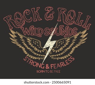 Rock star never die. Wild sounds. Rock and roll graphic print design for apparel, stickers, posters and background. Eagle fly vector artwork design for shirt and others. 