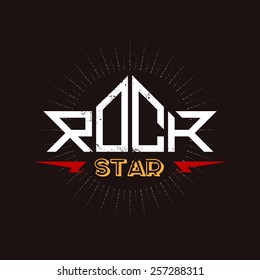 Rock Star - original lettering with lightnings and grunge effect, vector music illustration.