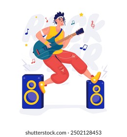 Rock star performance, Musician guitar player, Vector illustration