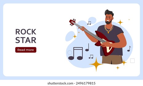 Rock star poster. Man with electric guitar performs on stage. Aggressive rock music. Guitar player at rehearsal. Star and celebrity. Landing webpage design. Flat vector illustration