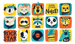 Rock Star. Poster With Vector Collection Of Rock Animals And Graffiti Lettering For Kids. Hand Drawn Cartoon Musicians In Funny Doodle Style. For Prints On Baby Clothes, Posters, Rock Punk Parties