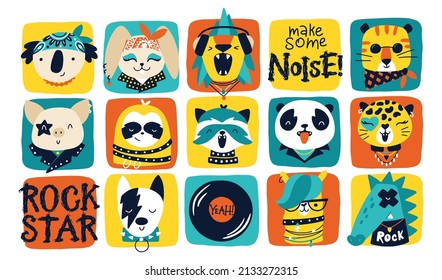 Rock star. Poster with vector collection of rock animals and graffiti lettering for kids. Hand drawn cartoon musicians in funny doodle style. For prints on baby clothes, posters, rock punk parties