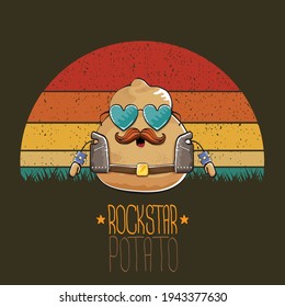 rock star potato cartoon character with leather jacket, sunglasses and cool mustache isolated on vintage background with sun. rock hipster vegetable funky character