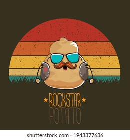 rock star potato cartoon character with leather jacket, sunglasses and cool mustache isolated on vintage background with sun. rock hipster vegetable funky character