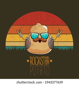 rock star potato cartoon character with leather jacket, sunglasses and cool mustache isolated on vintage background with sun. rock hipster vegetable funky character