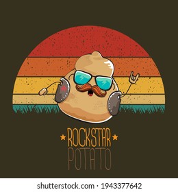 rock star potato cartoon character with leather jacket, sunglasses and cool mustache isolated on vintage background with sun. rock hipster vegetable funky character