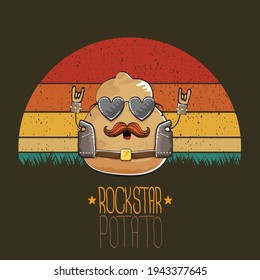 rock star potato cartoon character with leather jacket, sunglasses and cool mustache isolated on vintage background with sun. rock hipster vegetable funky character